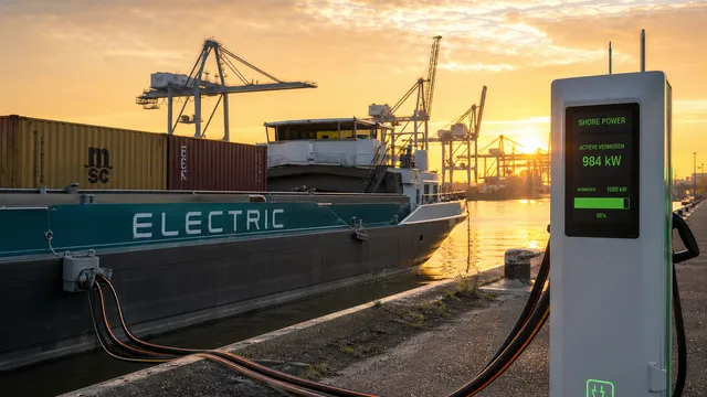 Elektrische binnenvaart aan de kade met walstroomaansluiting